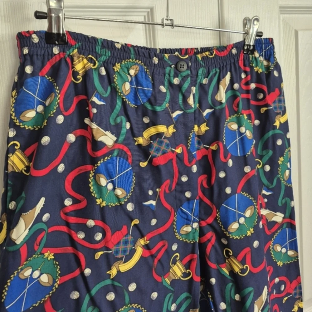 Vintage Talbots Fun Golf‎ Print Pants Navy Blue Cropped Rayon Women's Small